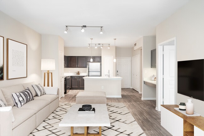 Kitchen and living room with hard surface vinyl plank flooring