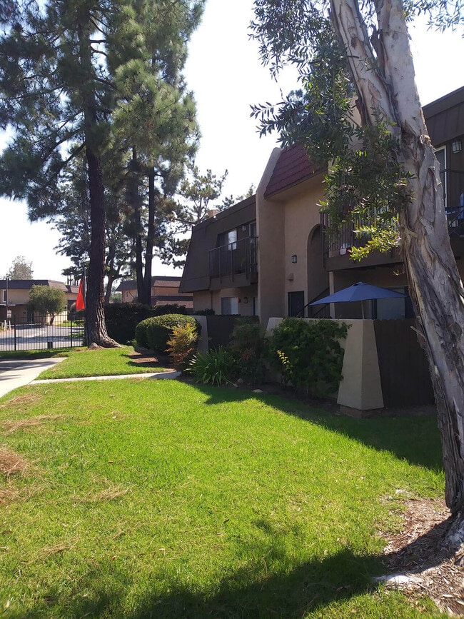 Private porches and stately pine trees at Teton Pines Apartments in Escondido, California. - Teton Pines Apartments