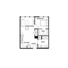Modern 1-bedroom apartment floor plan with open living and dining area, fully-equipped kitchen, spacious walk-in closet, and convenient laundry area.