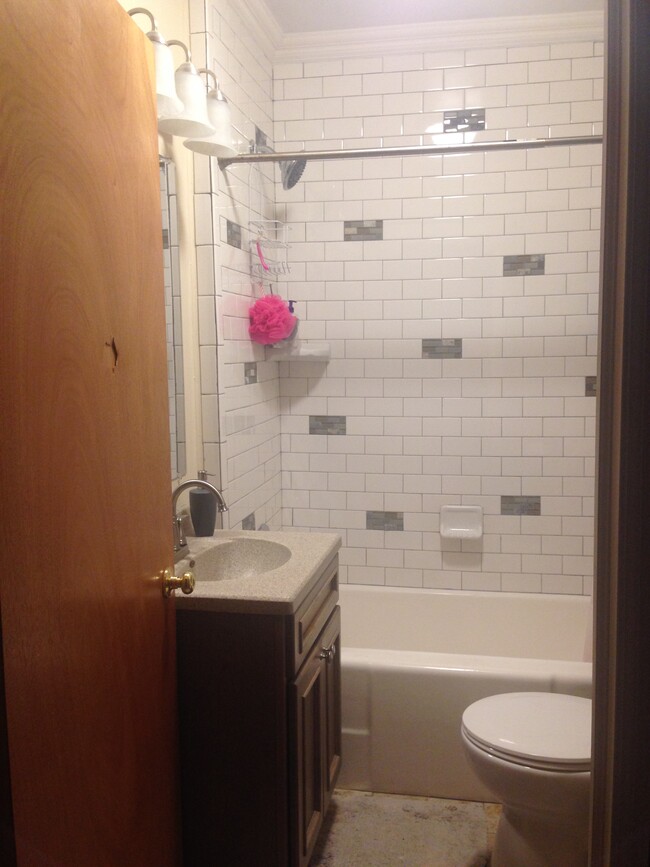 Tiled shower Bath has updated vanity and linen closet - 2913 S Rogers St House