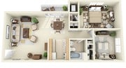 2BR/1BA 748 sqft