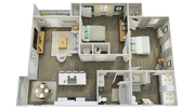 Modern floor plan showcasing two inviting bedrooms, elegant open living and dining areas, and a sleek kitchen, perfect for stylish living.