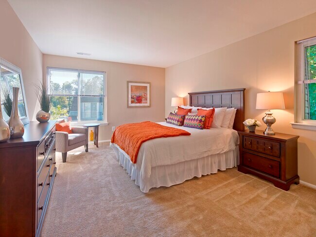 Comfort meets style in this beautifully furnished bedroom at Haynes Run Apartments, featuring plush carpeting, large windows, and a cozy atmosphere.