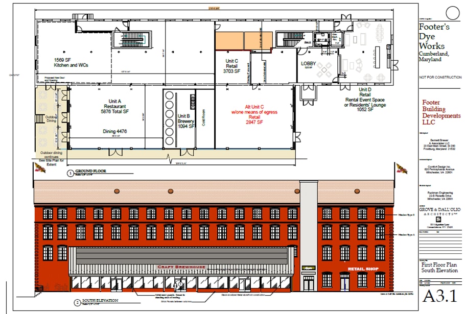 Elevación frontal junto con plano de planta modelo - Footer Building