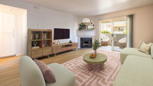 Living Room with Balcony and Hard Surface Flooring - Oak Park Apartment Homes