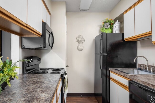 Hermosa cocina con Electrodomésticos renovados de color negro - Brookside Apartments