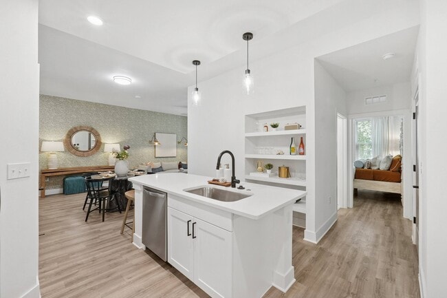 Kitchen Island with Seating Space and Built-in Shelves