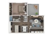 Plano de planta de un dormitorio y un baño con conexiones para lavadora y secadora de tamaño estándar. Las casas de la planta baja ofrecen pisos estilo tablón de madera en todas partes. Las casas del segundo piso ofrecen alfombras en los dormitorios y los vestidores.