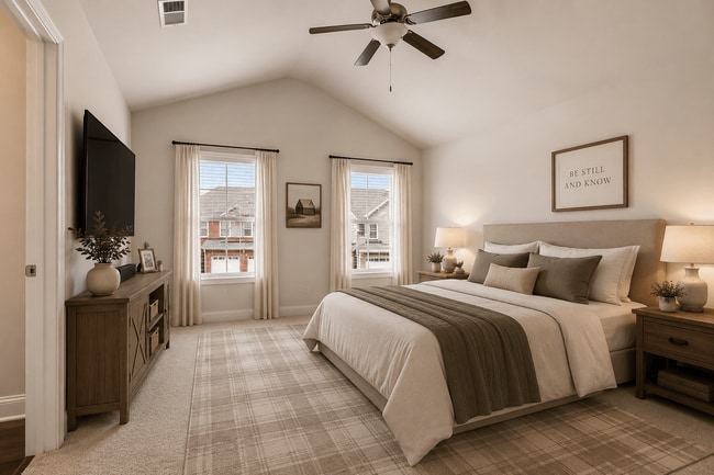 Spacious primary suite featuring a luxurious king bed, elegant finishes, and tranquil accents—designed for comfort, relaxation, and everyday retreat.