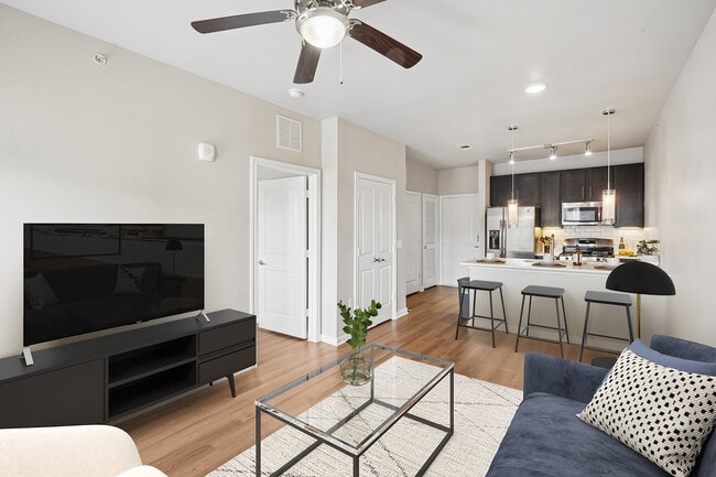 Kitchen and living room with hard surface flooring