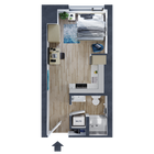 Plan d'un studio moderne comprenant un coin nuit confortable, une cuisine compacte, une salle de bains élégante et un espace de travail dédié.
