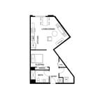 Modern floor plan showcasing a sleek studio layout with an open-concept living/dining area, compact kitchen, cozy sleeping area, and well-appointed bathroom, perfect for urban living.