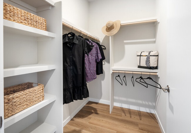 Finish Package I primary walk-in closet with wood shelving