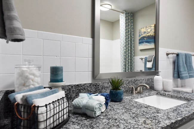 Elevate your daily routine in this chic bathroom space featuring modern design and stylish accents. - Everly at Meridian Hills