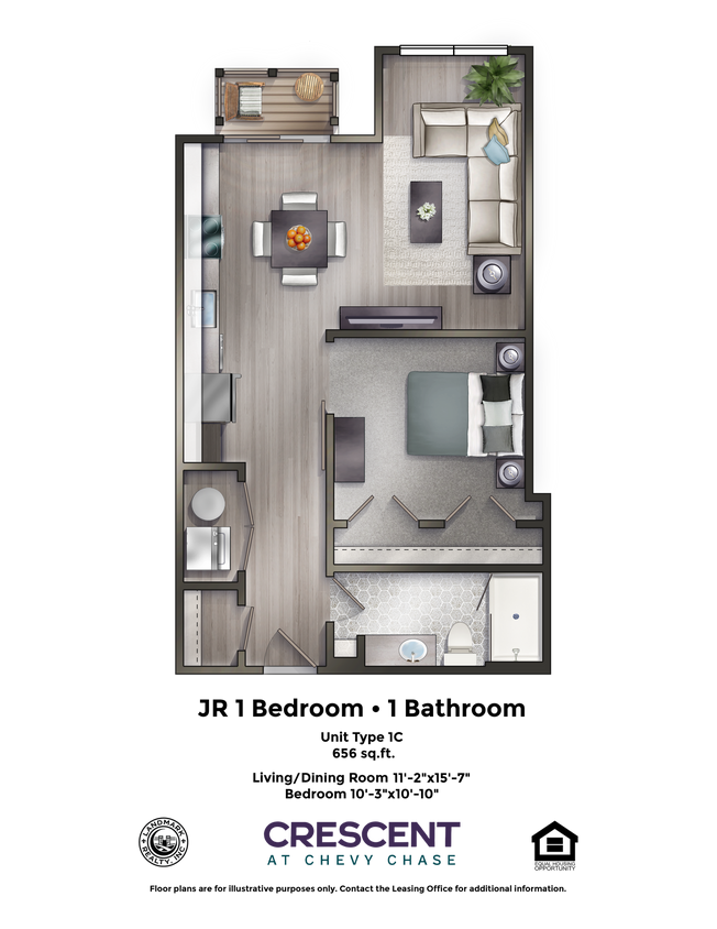 Floor Plan - One Bedroom w Balcony, Rear Facing (1C) MPDU
