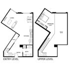 Modern two-level floor plan with a spacious living and dining area, open kitchen, and a chic bedroom loft.
