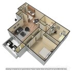 Atractivo plano de planta en 3D con dos acogedoras habitaciones, sala de estar y comedor de concepto abierto, cocina moderna y balcón privado.