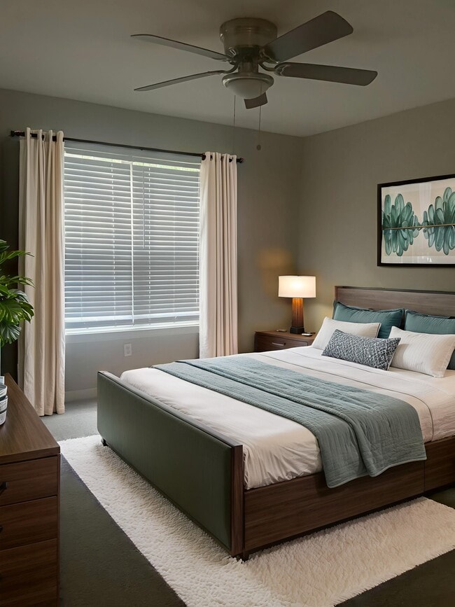Step into comfort at Riverwood Park Apartments. This stylish bedroom features soothing color palettes, ample natural light, and modern finishes for a perfect sanctuary. Upgrade your living space today—schedule a tour to see more!
