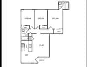 Plano del piso de tres dormitorios con dos baños