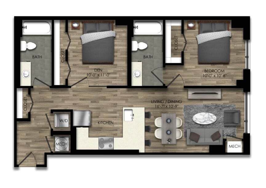 Floor Plan - 1 Bed/2 Bath Den-25W