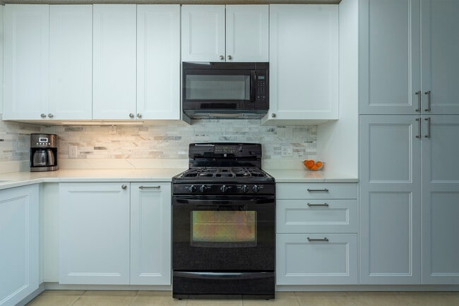 Gas range cooking with ample cabinet storage and elegant quartz countertops.