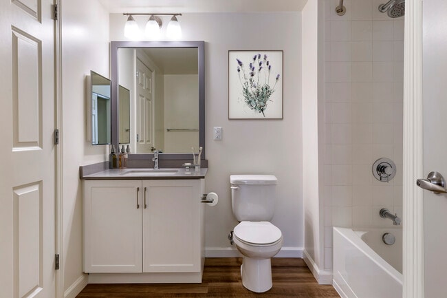 Renovado II gris de baño con encimeras de cuarzo, gabinetes blancos, y pisos de superficie dura - Avalon Natick