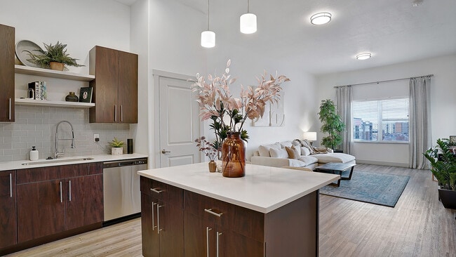 Modern kitchen island with open sightlines to the living space.