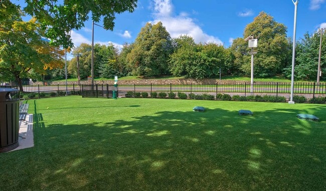 Large AstroTurf dog park off the West Tower is one of three dog parks located throughout the community