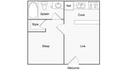 1 BR x 1 BA Floorplan