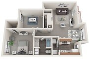 Two Bedrooms, One Bathroom, 860 sqft, Full-Sized Washer/Dryer Connections, Patio/Balcony, Fireplace, Vaulted Ceilings in Selected Units