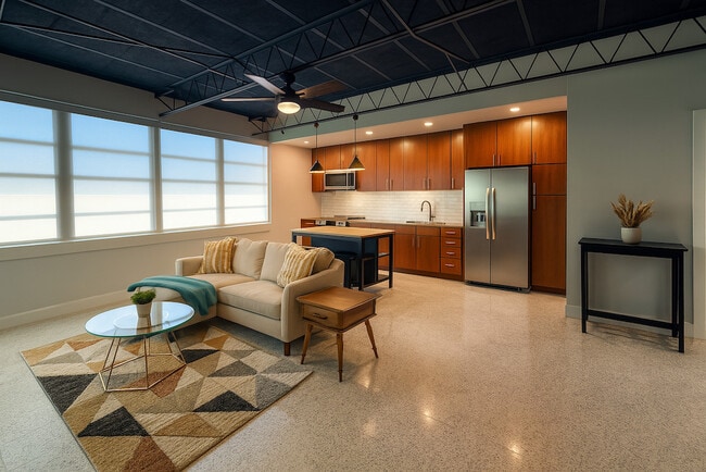 Cocina/sala de estar de un apartamento de 1 dormitorio.