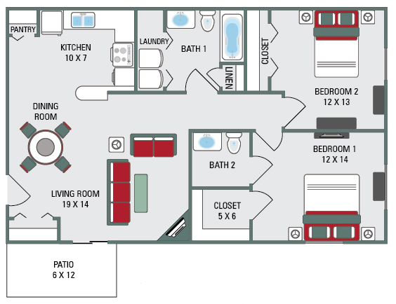 Floor Plan - 2BR 1.5BA Upper or Lower 1035SF
