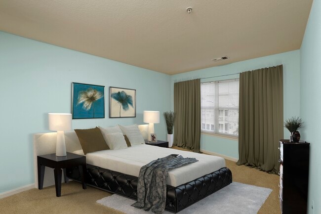 Renovated Package III bedroom with carpeted flooring