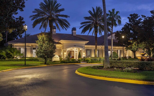 Clubhouse entrance at dusk