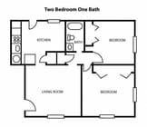 Explore the thoughtfully designed two-bedroom, one-bathroom apartment layout.