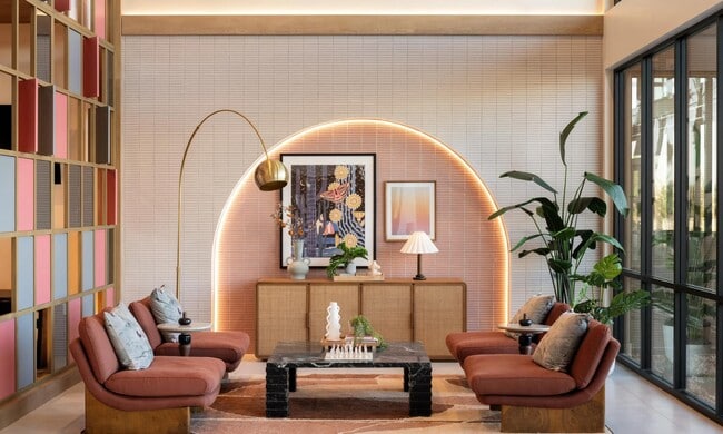 Layered textures, desert-inspired hues, and inviting seating—curated spaces to gather at Modera Rio Salado.