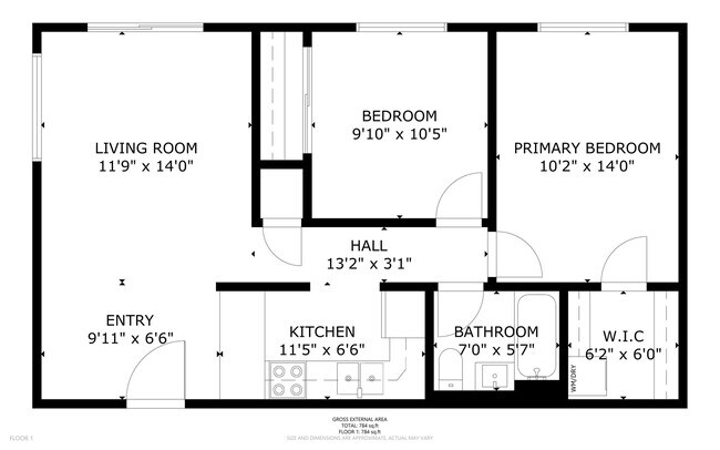 Inviting floor plan showcasing a spacious layout with two comfortable bedrooms, a stylish open living area, a functional kitchen, a modern bathroom, and a convenient walk-in closet, designed for optimal living in 784 sq ft. - Hilltop Apartments