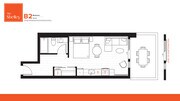 Contemporary B2 studio floor plan at The Shelley featuring a sophisticated layout with two bedrooms, a spacious living area, modern kitchen, and a Juliette balcony.