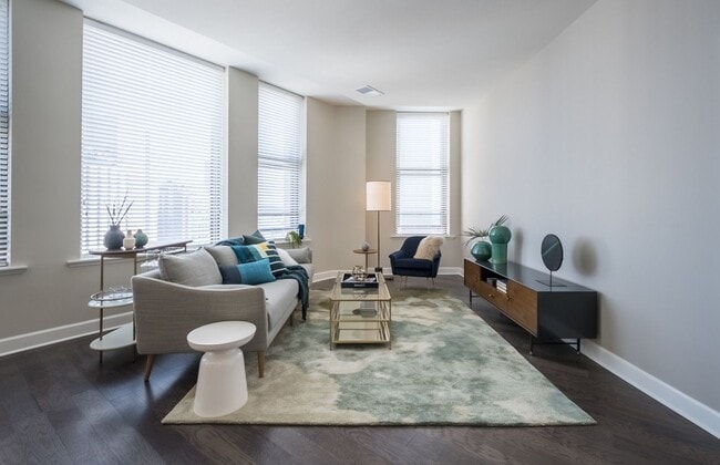 Bright apartment living room at Spectra at Sibley Square