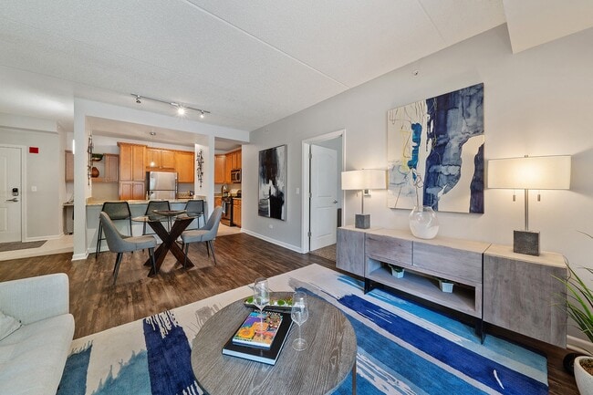 Modern living room with open layout and vibrant decor