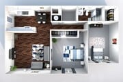 Contemporary 2D floor plan displaying 2 bedrooms, open kitchen-dining area, cozy living room, and modern bathroom.
