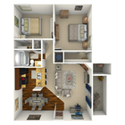 Two bedroom, one bath, 840 square foot floor plan