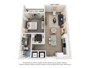 Explore this one-bedroom apartment, designed with a spacious living area and modern kitchen.