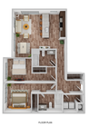 3D Floor Plan Rendering of the Arizona Two-Bedroom, Two-Bathroom Layout. 1,109 square feet