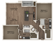 Apartamento B2C de 2 dormitorios y 2 baños, 1276 pies cuadrados.