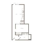Modern apartment floor plan with one bedroom, an open kitchen, living area, and spacious bath, featuring convenient in-unit washer and dryer.