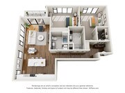 Modern 3D floor plan showcasing two cozy bedrooms, a sleek kitchen with breakfast bar, and an inviting living room, all bathed in natural light. Features a stylish bathroom and a private balcony for relaxing evenings.