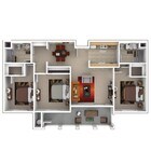 3D Rendering with furniture of a Three-Bedroom, Two-Bathroom Floor Plan