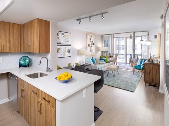 Apartamentos renovados con encimeras de cuarzo, electrodomésticos de acero inoxidable de bajo consumo y pisos estilo madera en toda la cocina y las áreas de estar - Meridian at Ballston Commons Apartamentos