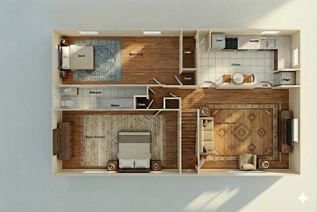 1100 sq feet, 2 bed 1 bath, (Aprox layout) - 1240 Manor St Unit 2